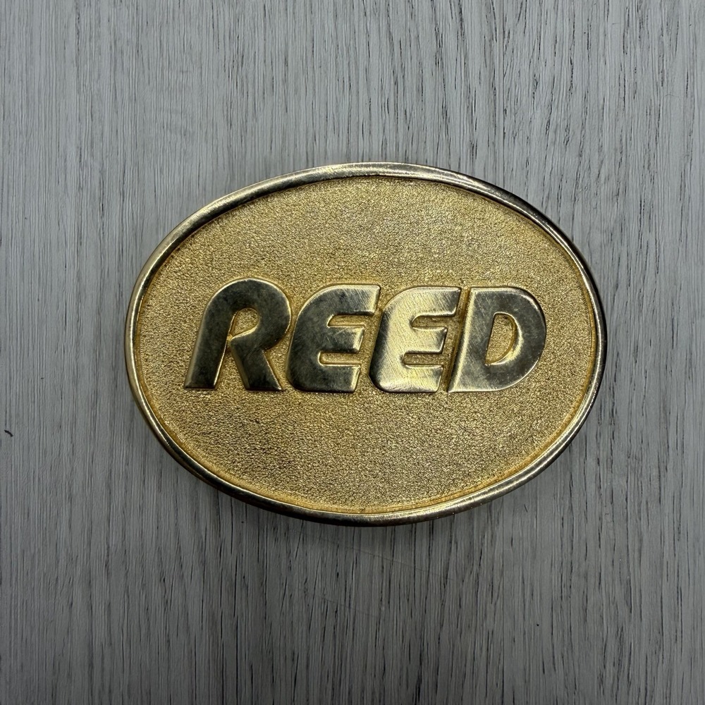 REED Oval Gold Tone Belt Buckle Bold Raised Letter Corporate Promo Name VTG
